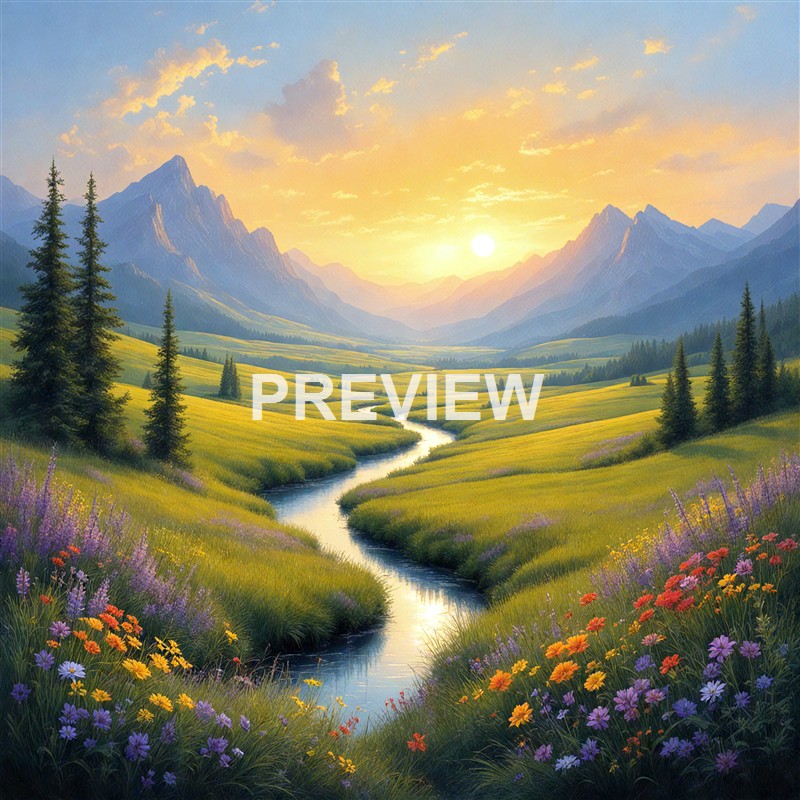 A picturesque landscape featuring a winding river flowing through lush green meadows with colorful wildflowers, set against towering mountains under a bright, setting sun in the sky.